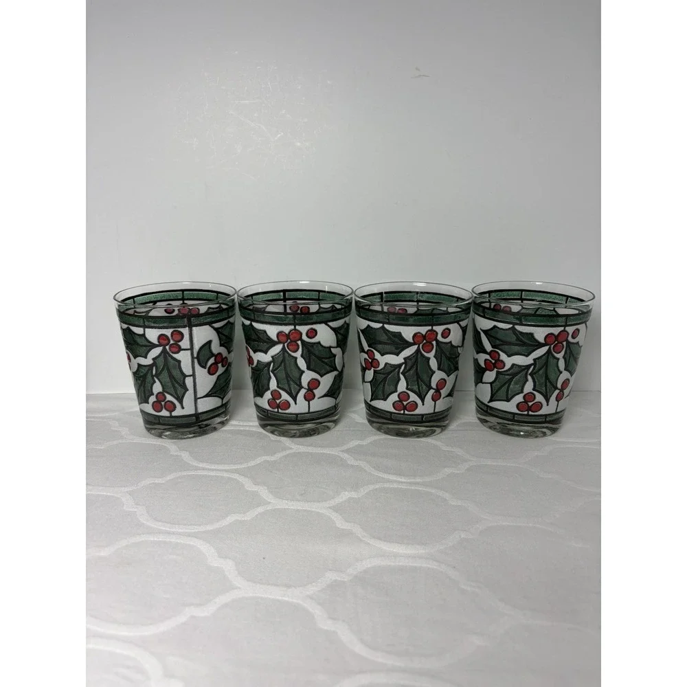 4 West Virginia Snowy Holly Berry Stained Glass On Rocks Christmas Glasses Set